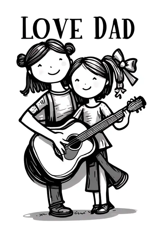 "Love Dad" stick figure drawing of Dad (Dad is playing a guitar) and daughter (daughter has a pony tail with a bow)  tattoo design idea