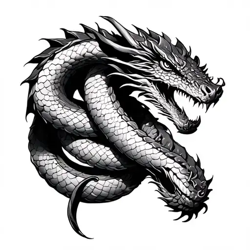 serpent dragon wrapped around arm where the head comes out on the chest tattoo design idea