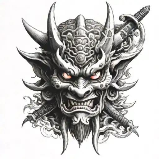 oni mask, facing me, has samurai mask and dragon like characteristics, no pupils and has a katana included, tattoo design idea