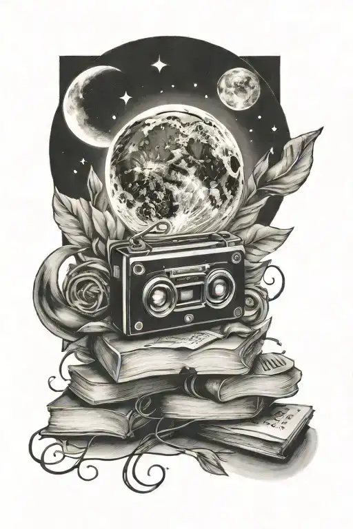 cassette tapes and books and a moon tattoo design idea