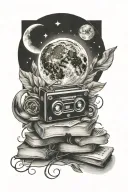 cassette tapes and books and a moon tattoo design idea