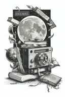 cassette tapes and books and a moon tattoo design idea