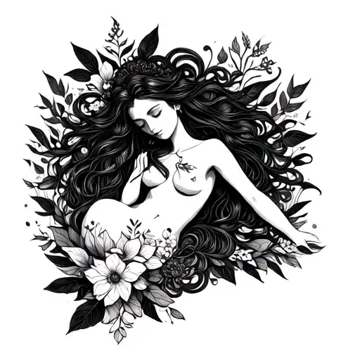 Nature goddess laying tattoo design idea