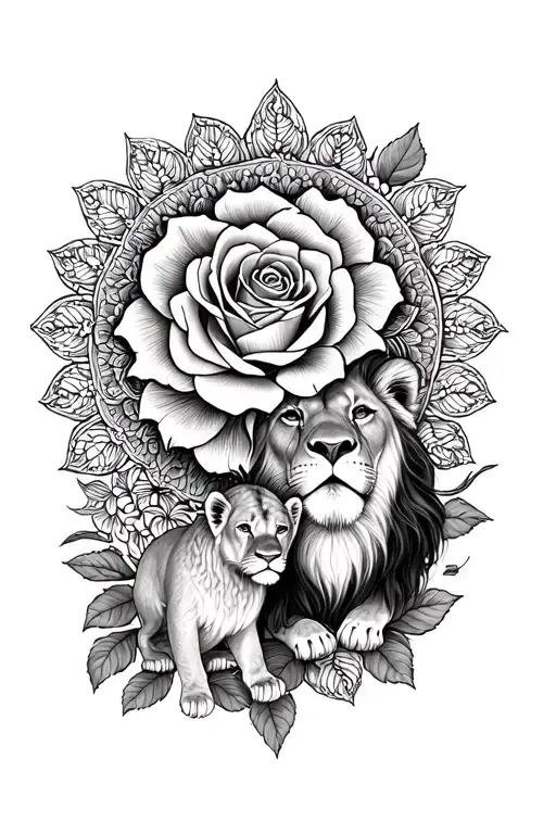MANDALA AND A ROSE WITH A LIONESS AND A BABY LION IN FINE LINE tattoo design idea