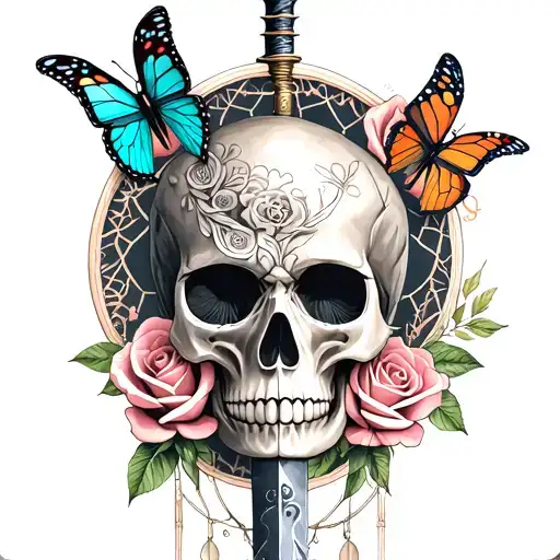 girly skull roses dagger butterflies and dream catcher tattoo design idea
