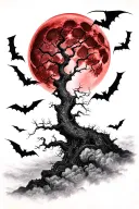 poison tree red moon in the background flying bats and clouds  tattoo design idea