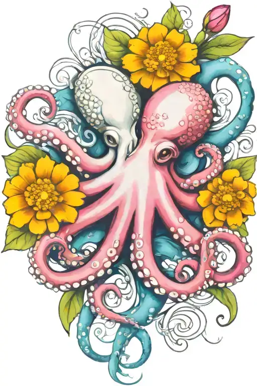 octopus, white snowdrop, rose,  marigold flower tattoo design idea