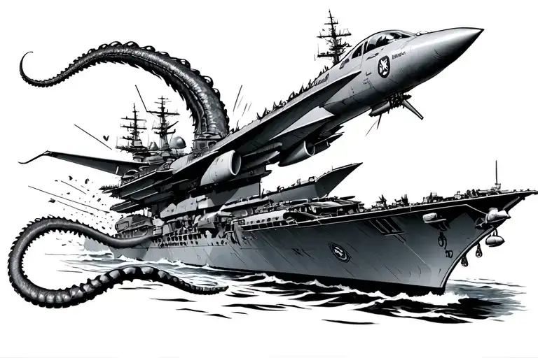 Aircraft carrier being smashed by Kraken. Krakens tentical smashing the carrier. Include a EA-6B prowler, with us navy s tattoo design idea