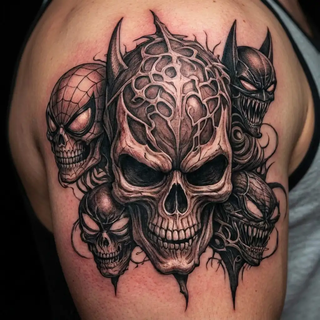 skull and batman and Spiderman and venom tattoo design idea