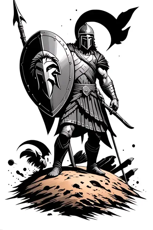 spartan warrior holding a spear, helm and shield. The shield depicts a lion head. the soldier is standing on top of mars tattoo design idea