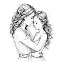 A sketch style tattoo of a mother and son embracing, with delicate feminine details and elements representing the bond of love and family, incorporating symbols of resilience and strength from a difficult birth experience tattoo design idea