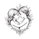 A sketch style tattoo of a mother and son embracing, with delicate feminine details and elements representing the bond of love and family, incorporating symbols of resilience and strength from a difficult birth experience tattoo design idea