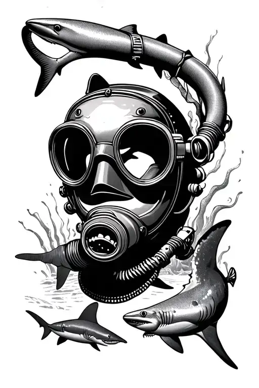 old scuba diving mask, with sharks swimming around it tattoo design idea