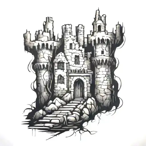 ruined castle tattoo design idea