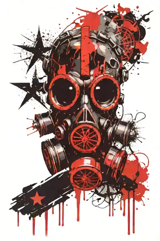 gas mask, skull, pentagram in a line one after another tattoo design idea