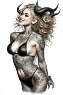 Sexy Pale Girl, petite, big boobs, wide hips, G-String. Messy hair, demonic horns, sexual. Seductive smile. Full Body tattoo design idea