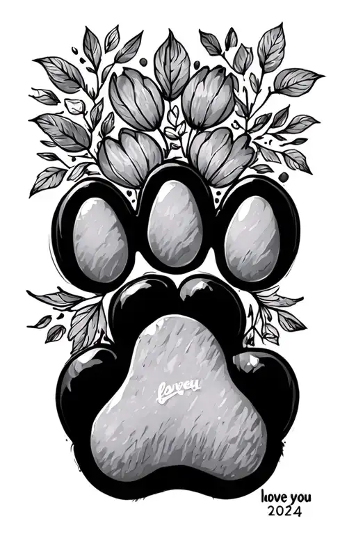 dog print paw, boudreaux 2023 ,Lucy 2021,zeus 2024, shallow 2018and, and a saying "love you tattoo design idea