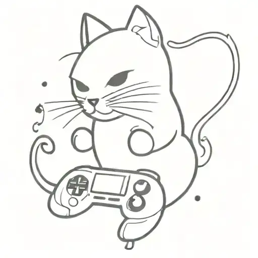 A minimalist design of a cat playing a video game controller, with music notes floating around it tattoo design idea