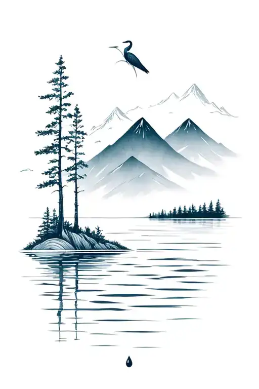 aspens with ripple still water and heron perched, mountains in background, show water droplet tattoo design idea
