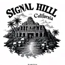 "Signal Hill, California" Black and grey upper back tattoo with Aztec ruins, carved skulls, palm trees, stormy clouds. tattoo design idea