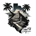 "Signal Hill, California" Black and grey upper back tattoo with Aztec ruins, carved skulls, palm trees, stormy clouds. tattoo design idea
