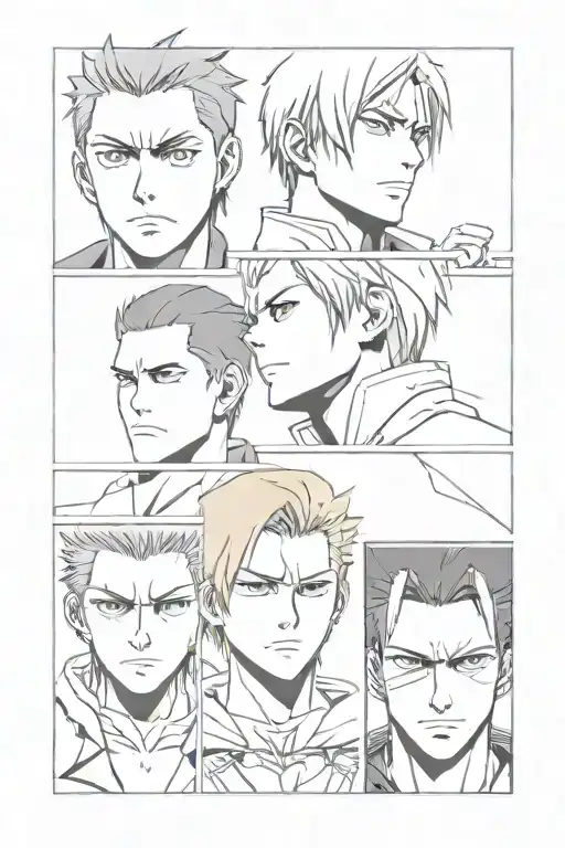 four squares with: the half face of Levi, Erwin, Reiner and Eren of Attack on Titán. one half face in each square  tattoo design idea