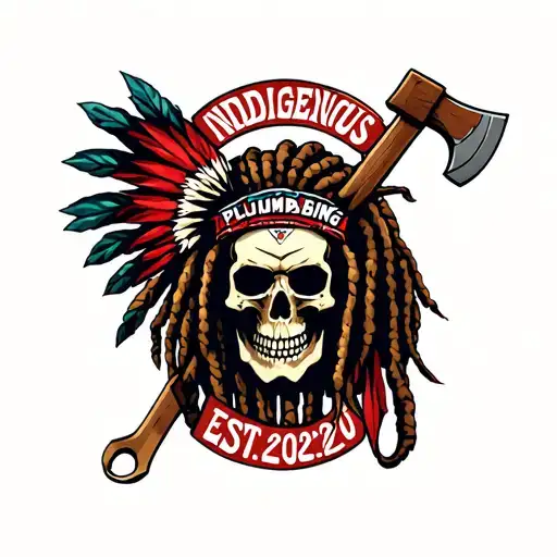 "INDIGENOUS PLUMBING EST.2020" skull dreadlock Native American warrior holding wrench with axe tattoo design idea
