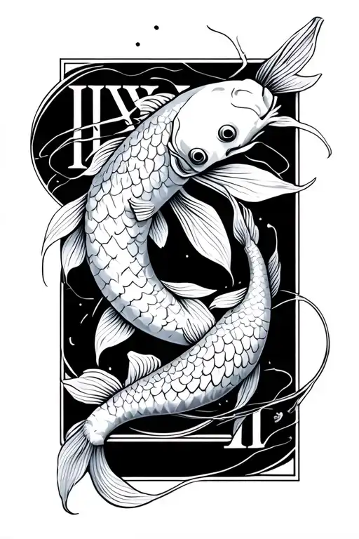 koi fish swimming around Roman numerals surrounded tattoo design idea