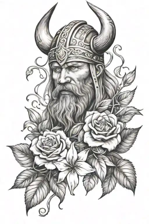 Viking with vines roses and lily flowers  tattoo design idea
