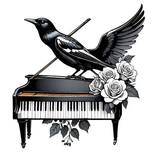 blackbird perched on piano keys wings up with roses tattoo design idea