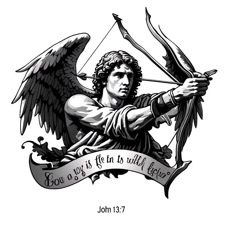 simple tattoo of a male angel of god shooting a bow and arrow with the Bible verse John 13:7 underneath it tattoo design idea