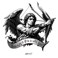simple tattoo of a male angel of god shooting a bow and arrow with the Bible verse John 13:7 underneath it tattoo design idea