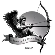 simple tattoo of a male angel of god shooting a bow and arrow with the Bible verse John 13:7 underneath it tattoo design idea