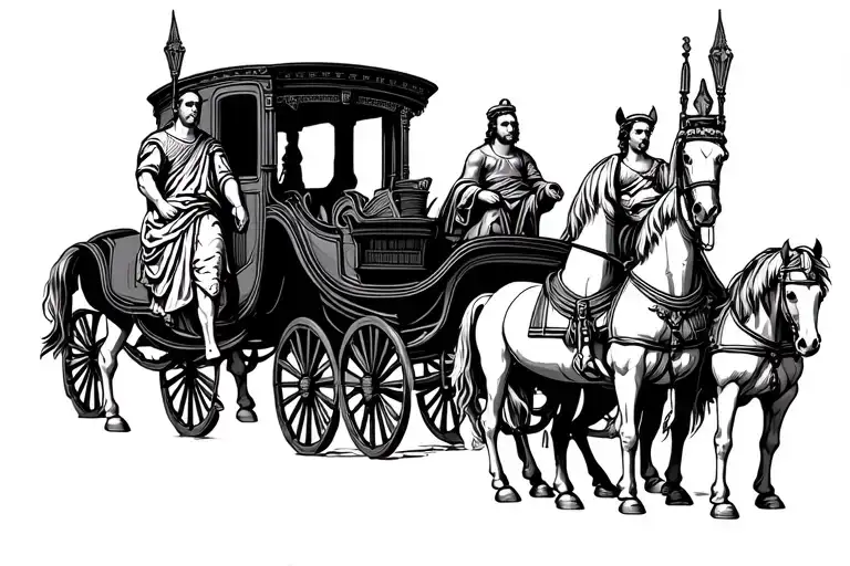 Two Roman figures on each side. A carriage with horses in the middle, facing front. Symmetrica design under all of it tattoo design idea