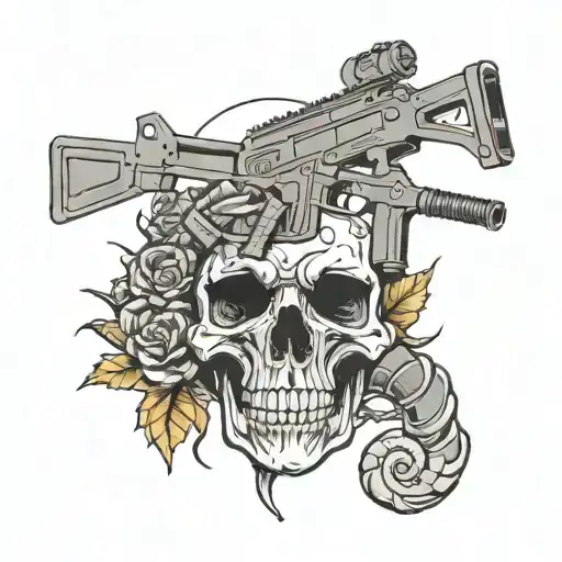 Kalashnikov assault rifle in a fist against the background of a skull and a scorpion tattoo design idea