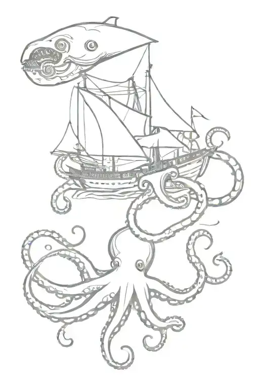 sunken ship and octopus holding tattoo design idea
