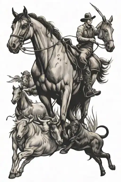 horse, Bull , swallow, dog, farmer, three children tattoo design idea