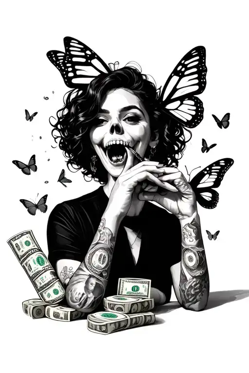 woman biting rolls of money 100s 50s 20s commas bank account prosperity joy dead butterflies life and dead butterflies tattoo design idea