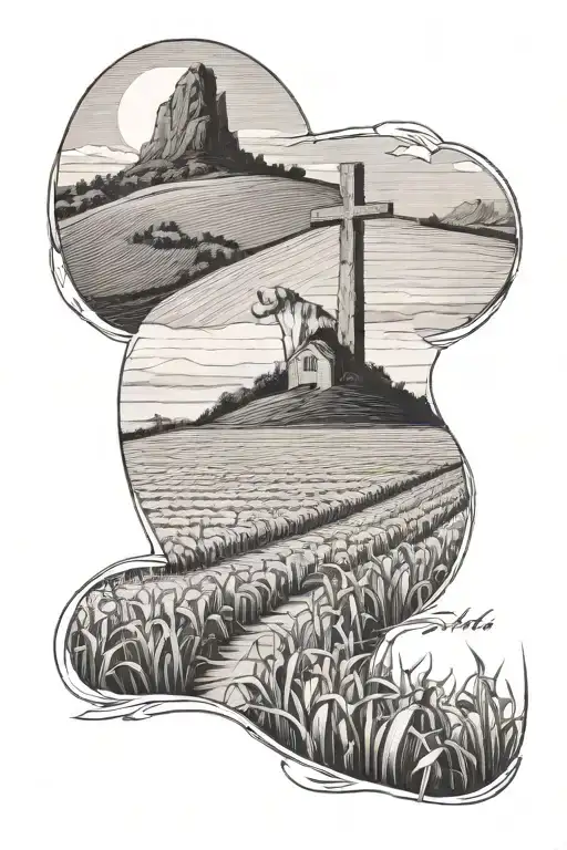 corn fields with cross on a hill and dog running up the hill  tattoo design idea