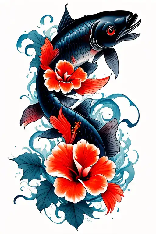 red hibiscus flowers, one black koi fish and one red koi fish swimming opposite directions. smoky swirling motifs tattoo design idea