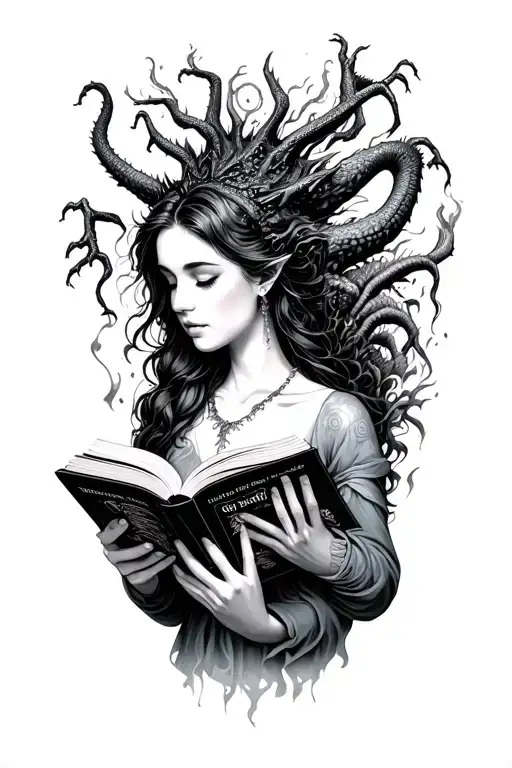 woman reading a fantasy book with creatures coming out of the book tattoo design idea