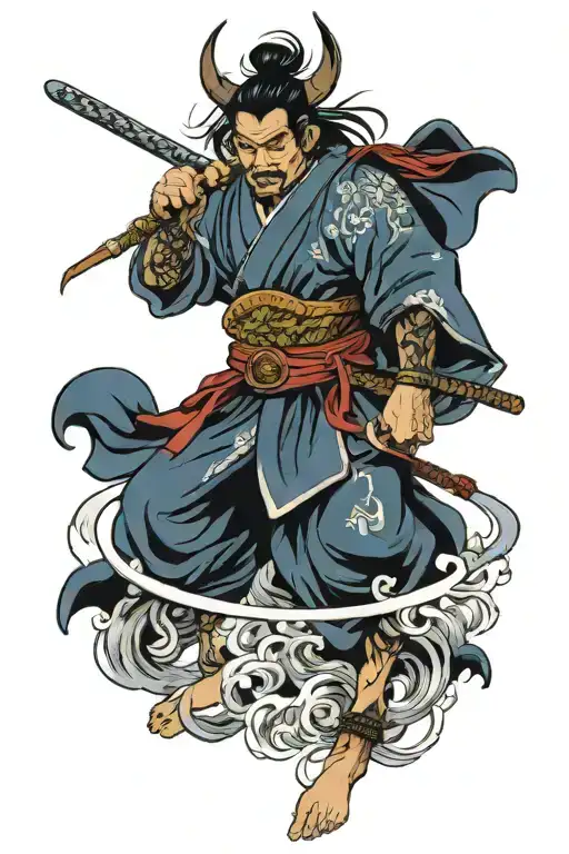samurai warrior, demon, storm tattoo design idea