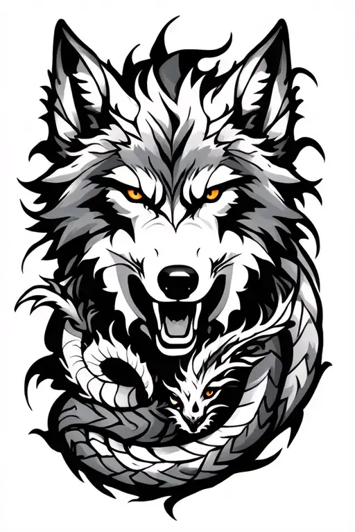 Tribal wolf and dragon wrapped tattoo design idea