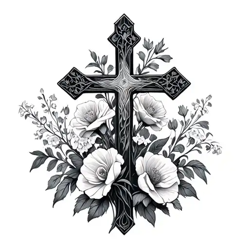 fine line cross surrounded by larkspur, roses, marigolds, poppies, and lily of the valley flowers tattoo design idea