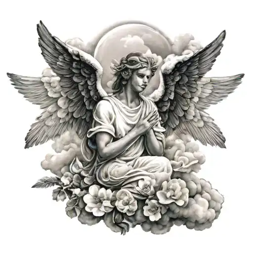 Angel with angel wings resting on cloud with flying white pigeons tattoo design idea