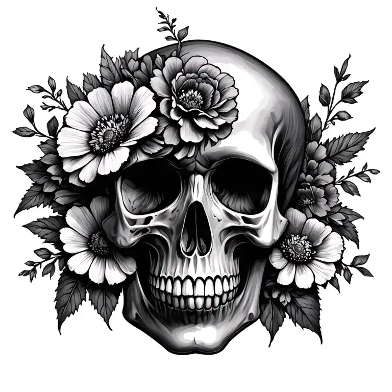 half skull with floral arrangement with carnations, violets and cosmos tattoo design idea