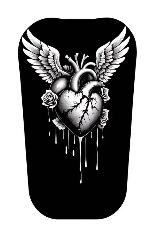 bleeding broken human heart with wings wider add roses tattoo design idea