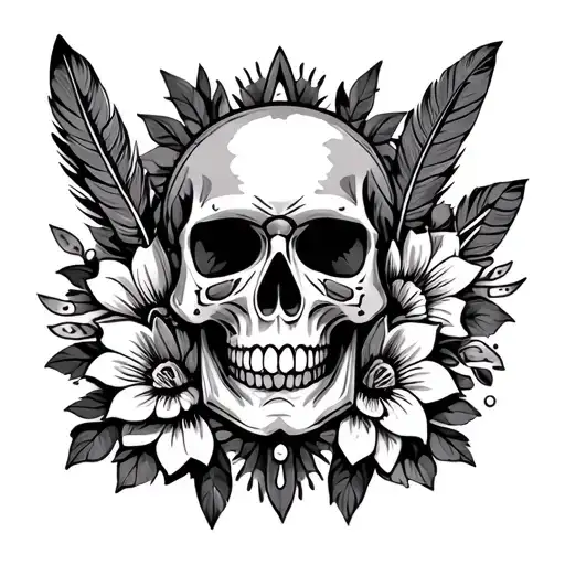 Aztec flowers and feathers and an Aztec skull in the old school center tattoo design idea