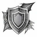 A programmer's mindset represented by a shield with binary code, surrounded by arrows pointing towards success tattoo design idea