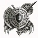 A programmer's mindset represented by a shield with binary code, surrounded by arrows pointing towards success tattoo design idea